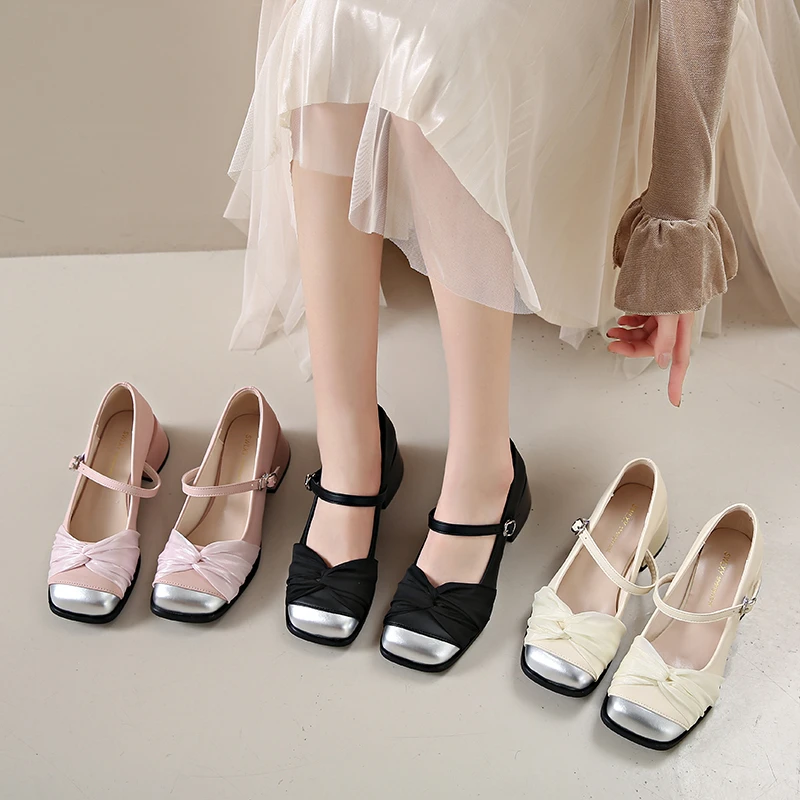 OJRZ法式百搭一字带高跟鞋女2025夏季方头粗跟浅口仙女风单鞋女