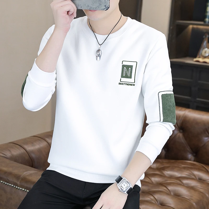 森铂男士秋冬新款刺绣休闲卫衣简约撞色百搭潮流圆领长袖上衣1155