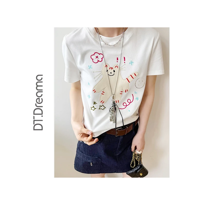 韩版减龄可爱卡通刺绣短袖T恤女夏新款宽松套头上衣