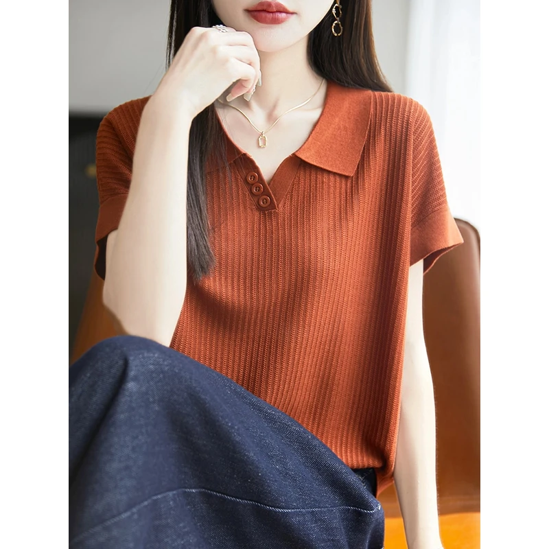 莱赛尔剪刀翻领2025夏季纯色针织打底衫中袖女T恤内搭上衣薄款