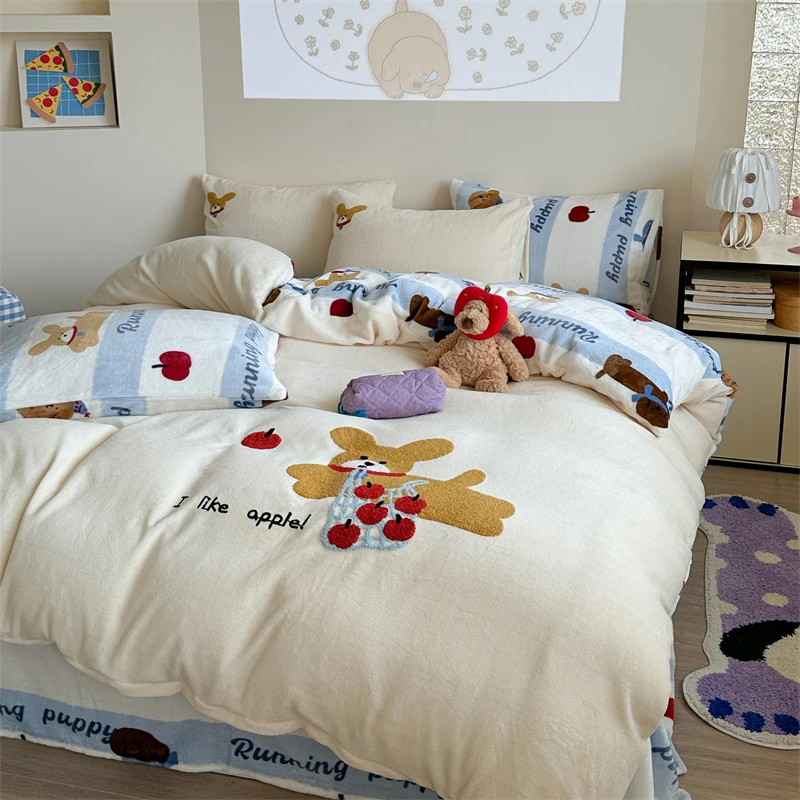 卡通A类秋冬加厚牛奶绒四件套可爱毛巾绣儿童房床单床笠款四件套