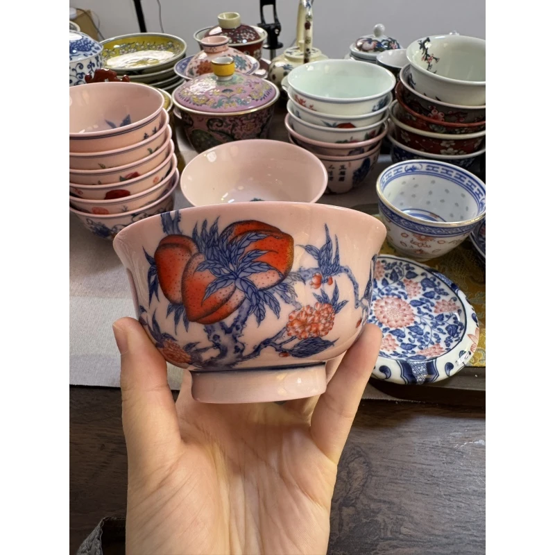 青花寿桃画片米饭碗
