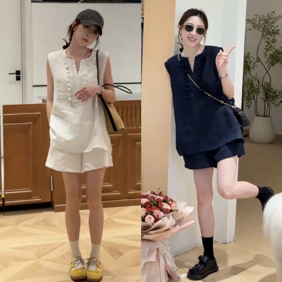 2025夏季设计感时尚背心小衫+短裤两件套女装时尚减龄慵懒风套装