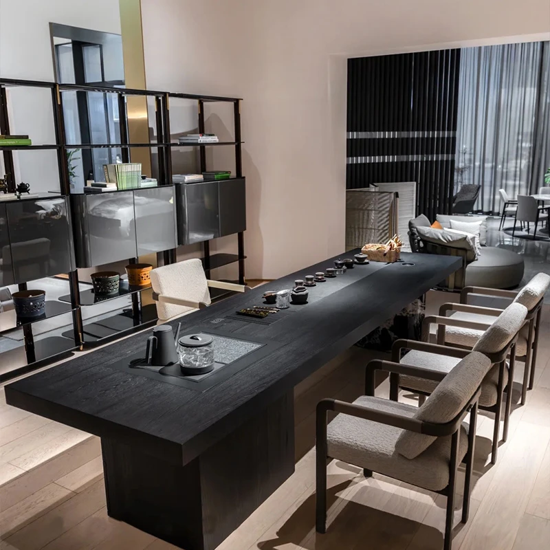 新中式实木设计师别墅泡茶桌简约茶台黑白花创意艺术餐桌茶桌茶台