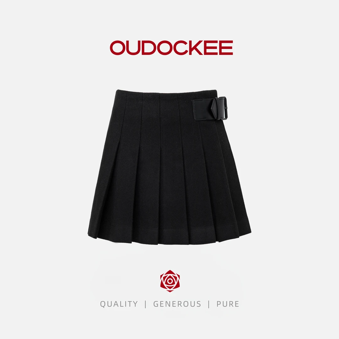 OUDOCKEE 鸥鸥【鸥鸥同款】时髦设计感高腰百褶A字半身裙 BACX722T