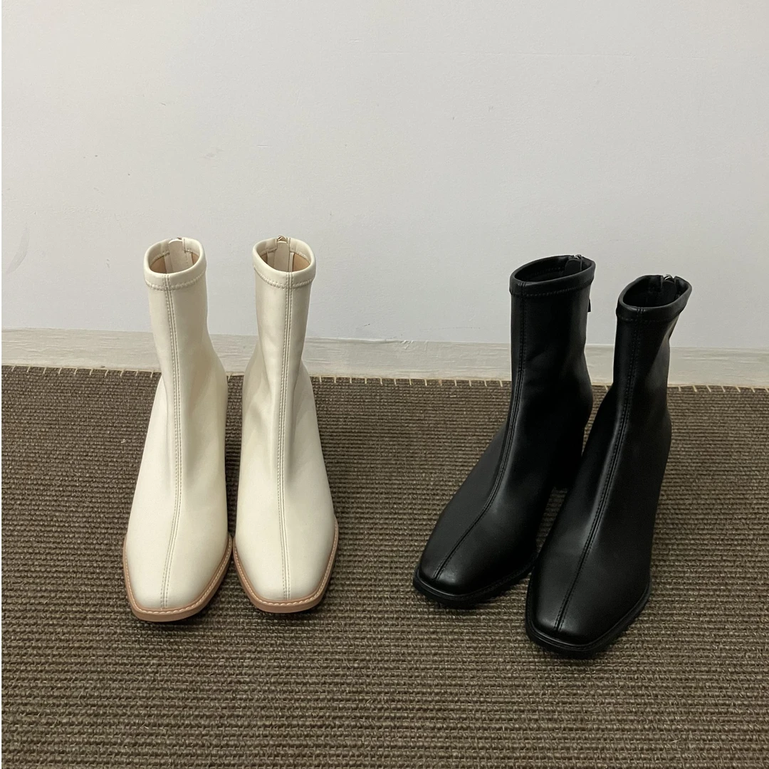 英伦风2025秋冬季新款舒适百搭粗高跟气质方头后拉链瘦瘦靴