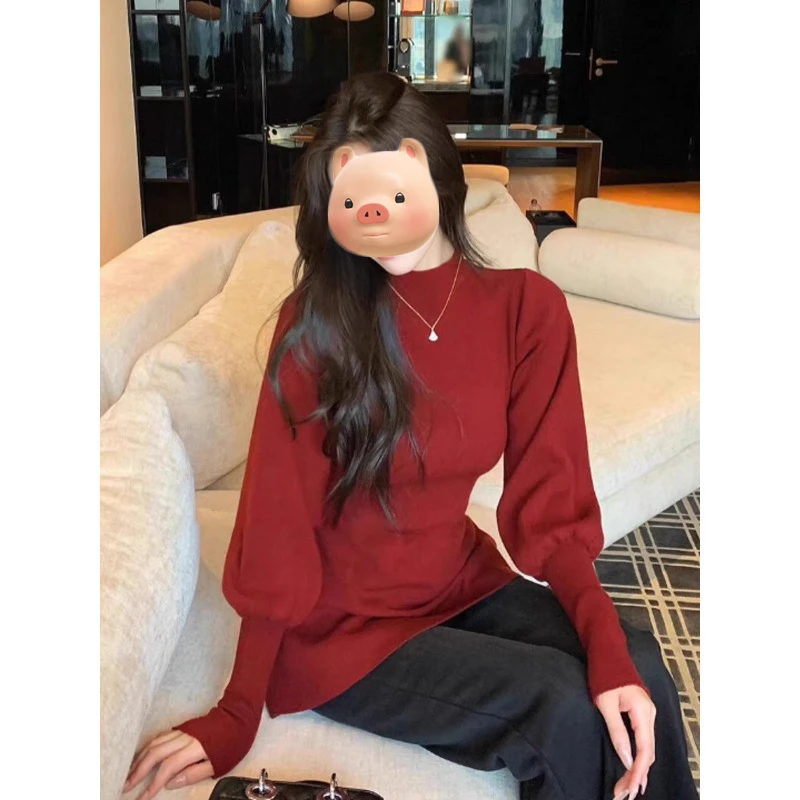 圣诞节穿搭红色半高领套头打底毛衣女秋冬季慵懒风内搭针织衫上衣