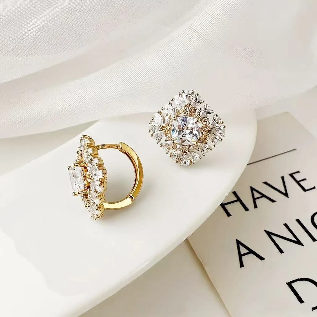 铜合金合成锆石耳饰 c328 c329丽银【爆款小方耳扣】通勤方耳环2920