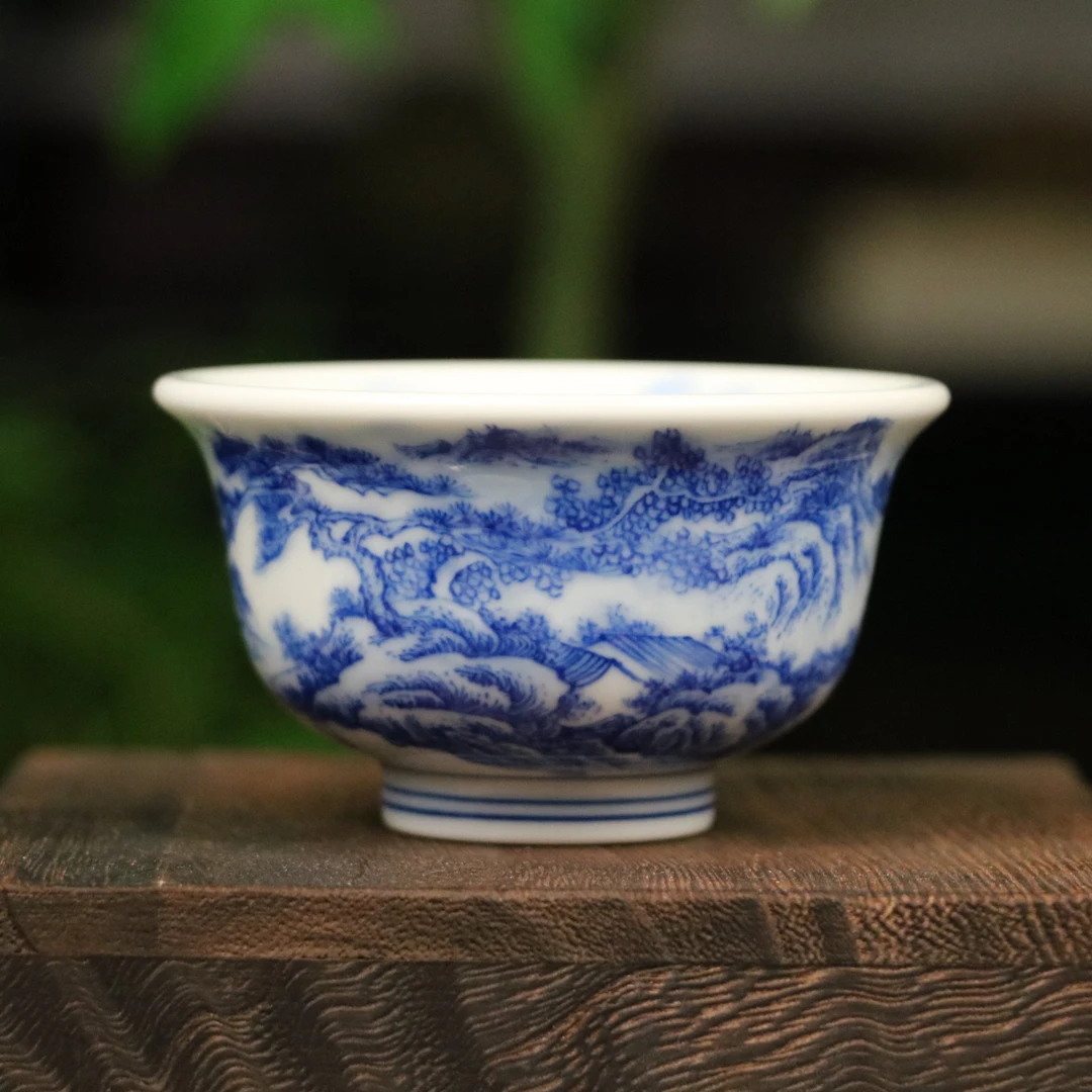 纯手绘高端青花山水陶瓷主人杯茶杯品茗杯小压手