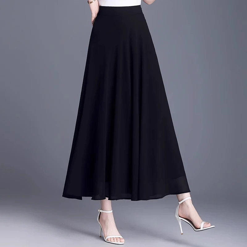 拉夏贝尔雪纺a字裙半身裙女夏季2025年新款高腰显瘦纯色百褶长裙