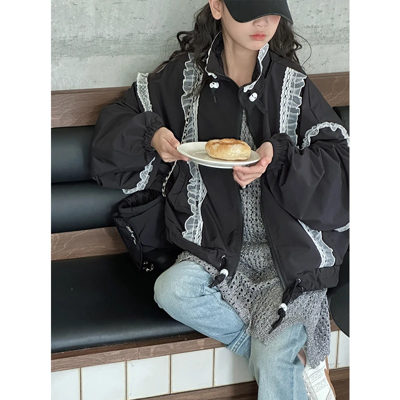 K28177蕾丝拼接女童短款外套2025春装新款儿童时尚上衣春秋衣服潮