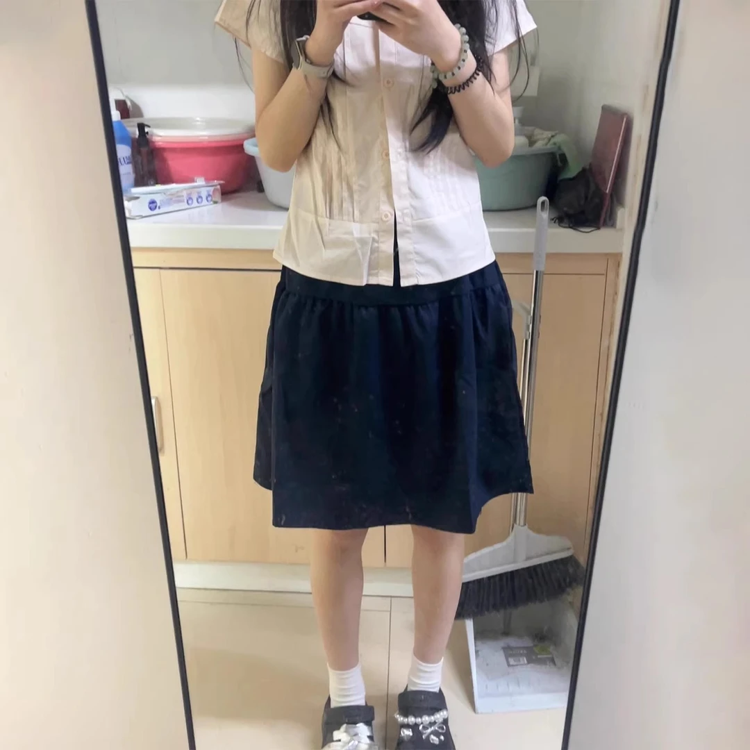 藏青色半身裙女胖mm梨形身材高腰遮胯显瘦a字裙小个子蛋糕短裙子