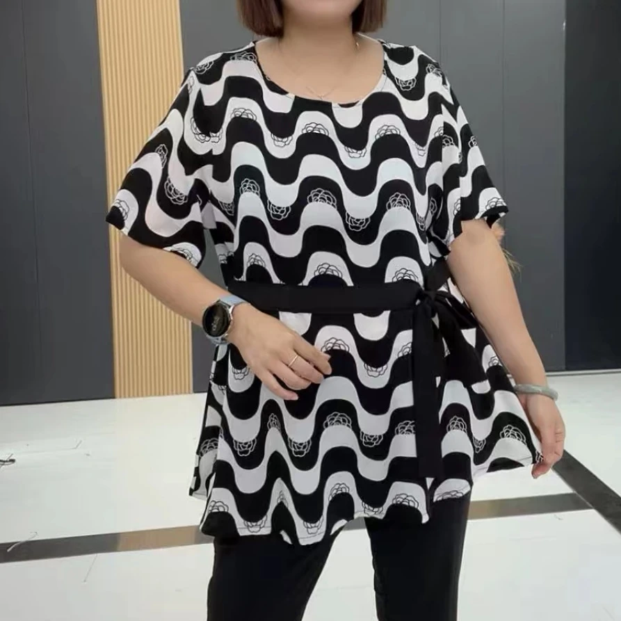 梦梦家838款618时尚洋气显瘦透气水波纹侧飘带半袖衫