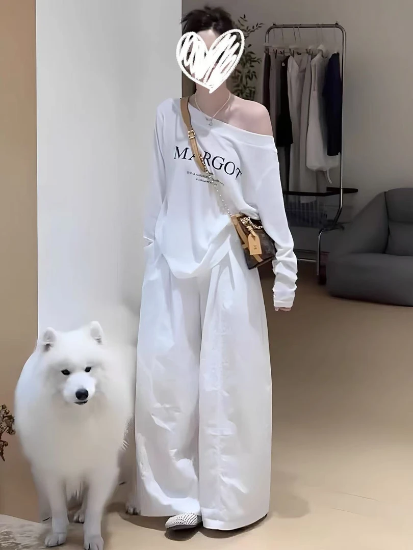 大码女装早秋新款松弛感穿搭一整套韩版字母印花一字肩上衣阔腿裤