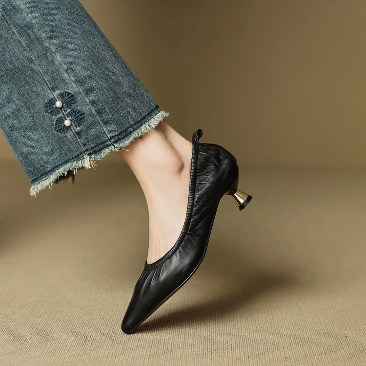 头层羊皮~4.5cm真皮拉皱款气质名媛细跟高跟鞋女时尚尖头浅口单鞋