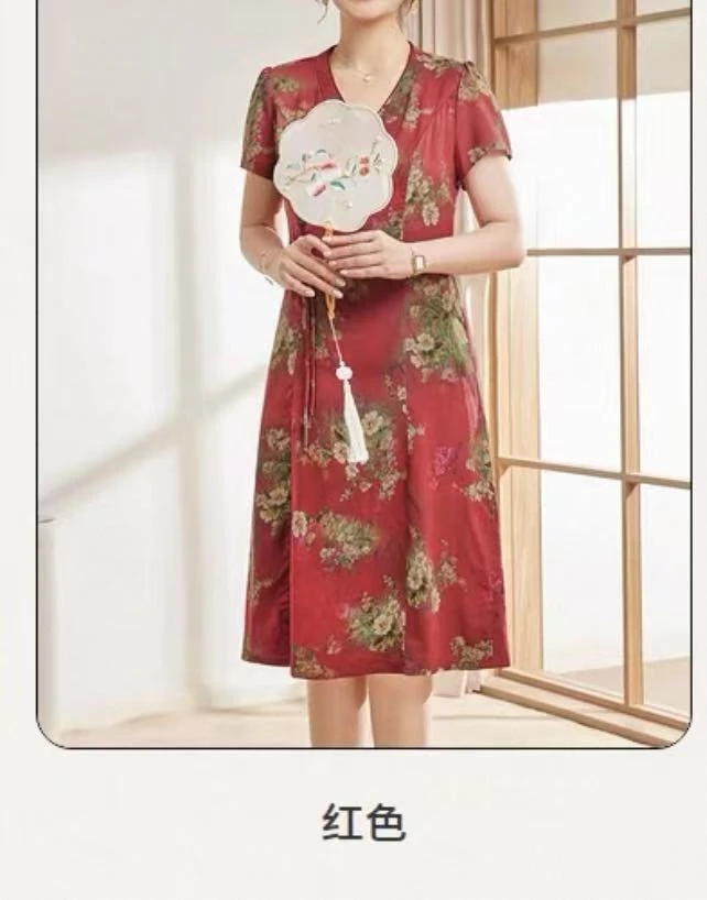 M622妈妈装显瘦气质中老年夏季复古红色印花妈妈装显瘦气质中老年