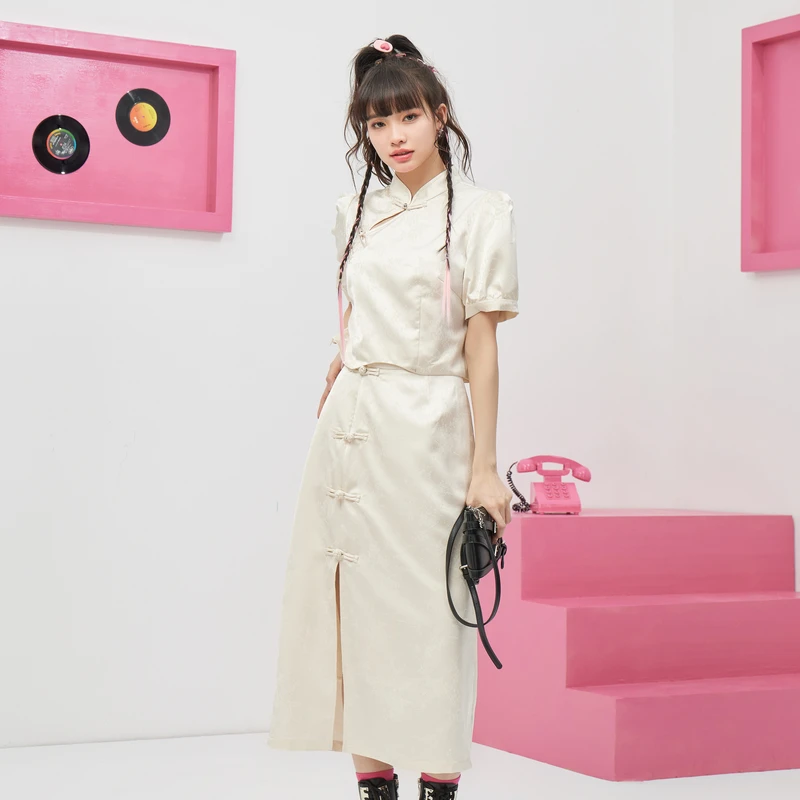 紫涵新中式套装2025夏季新款立领盘扣小衫+开叉两件套Z4Z04AH340