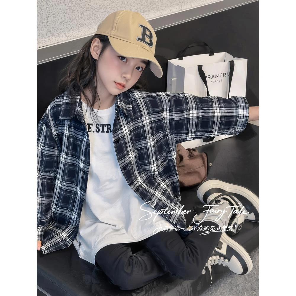FAVMARTHA2025新款女孩格纹衬衫春秋大童装韩式慵懒长袖夹克儿童