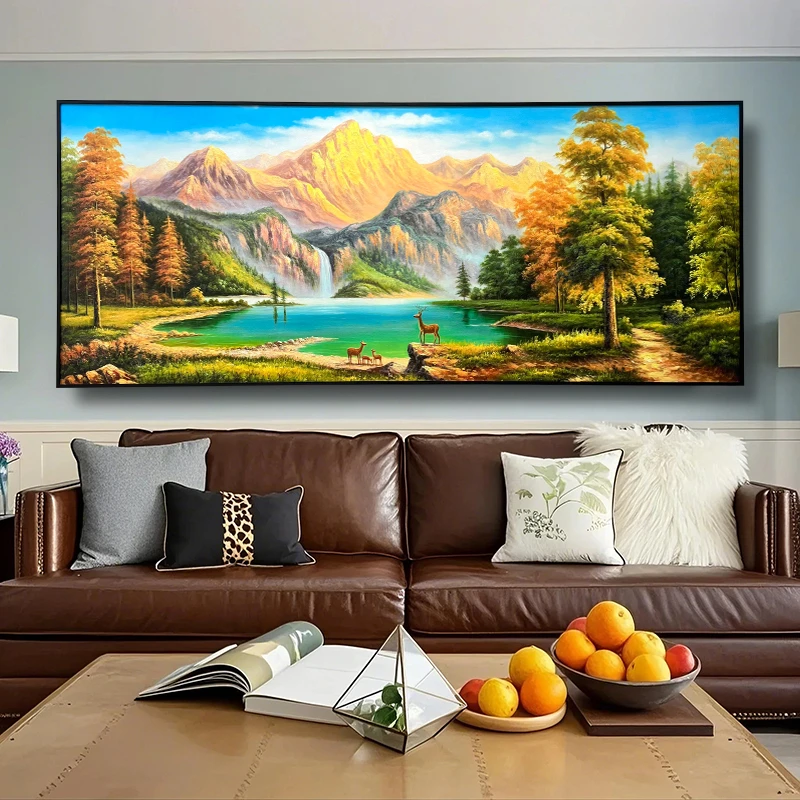 《鹿伴金山》金山聚宝盆风景山水油画客厅沙发背景墙高档大气油画