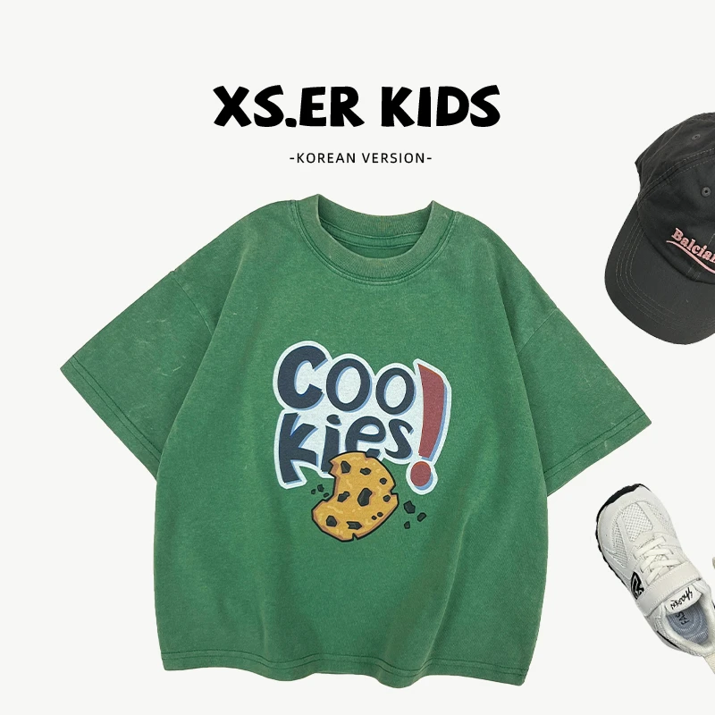 【小首尔】现货-男女童韩版短袖夏季字母印花砂洗蜡染T恤HBB6961