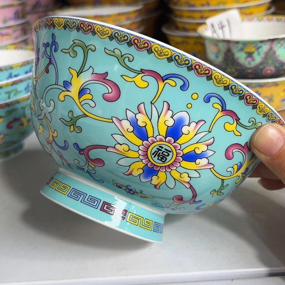 瓷片珐琅彩蓝色六寸面碗四个微瑕