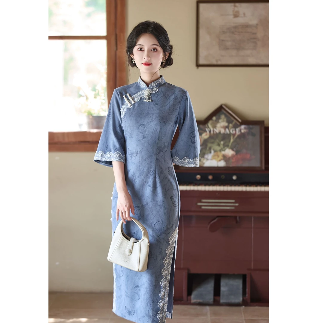 【风清余•沧霓】迎秋新款麂皮绒中国风改良日常修身旗袍 衣长120