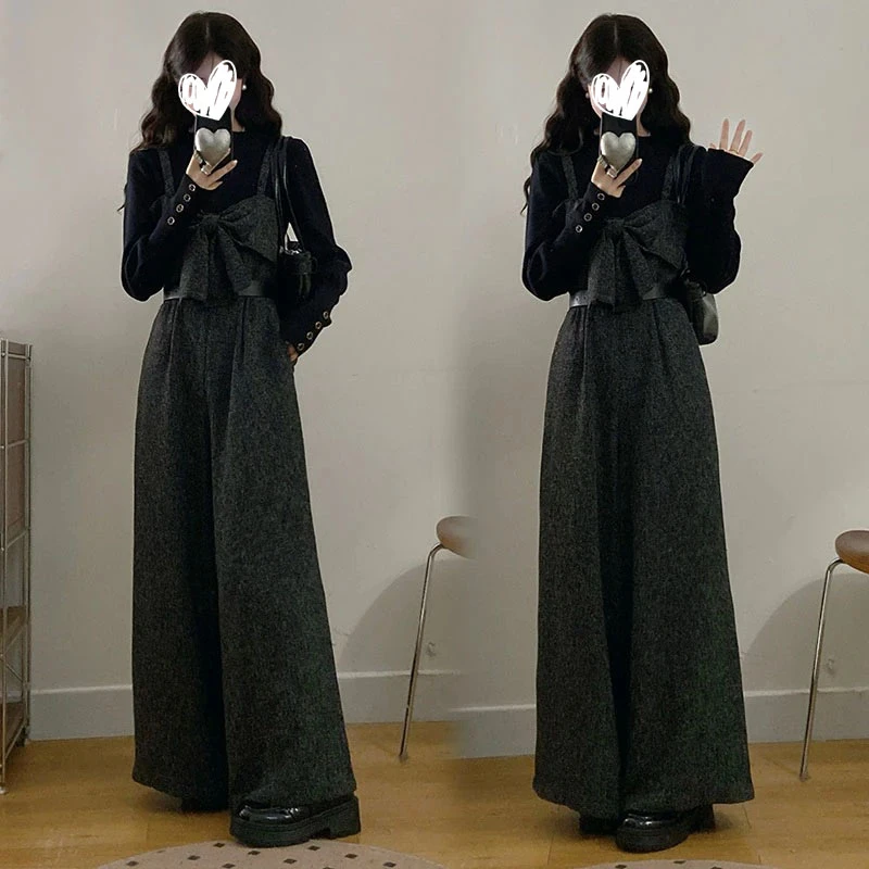 高级感气质圆领针织打底衫女秋冬蝴蝶结背带裤连体裤显瘦收腰套装