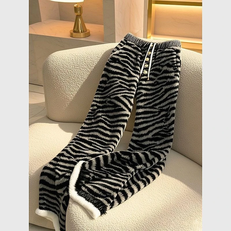 慵懒松弛感斑马纹毛绒裤子2025冬季新款今年流行爆款休闲直筒长裤