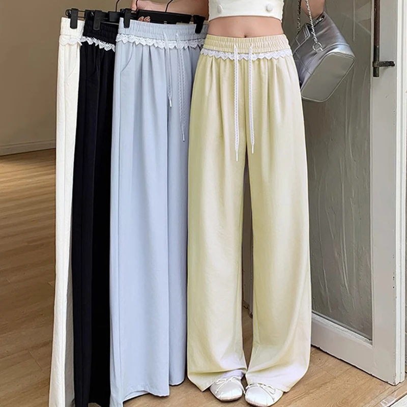 夏季薄款休闲直筒裤2025新款蕾丝花边山本裤女阔腿裤宽松垂感