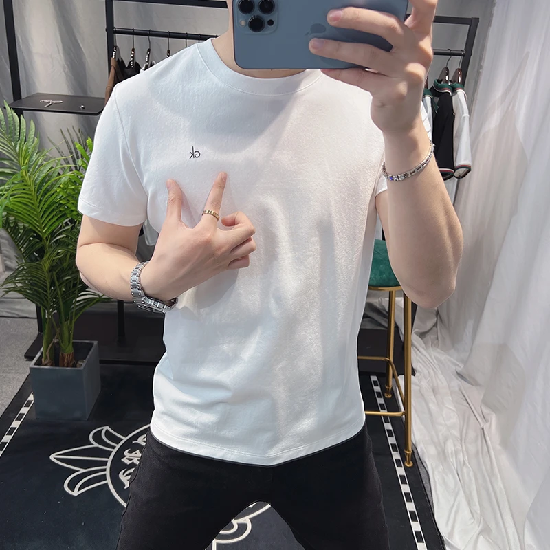 欧洲站简约休闲白色t恤男夏季新款印花棉质短袖圆领百搭潮流上衣