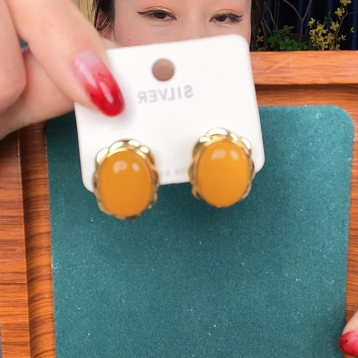 蜜蜡耳饰银S925镶嵌耳钉