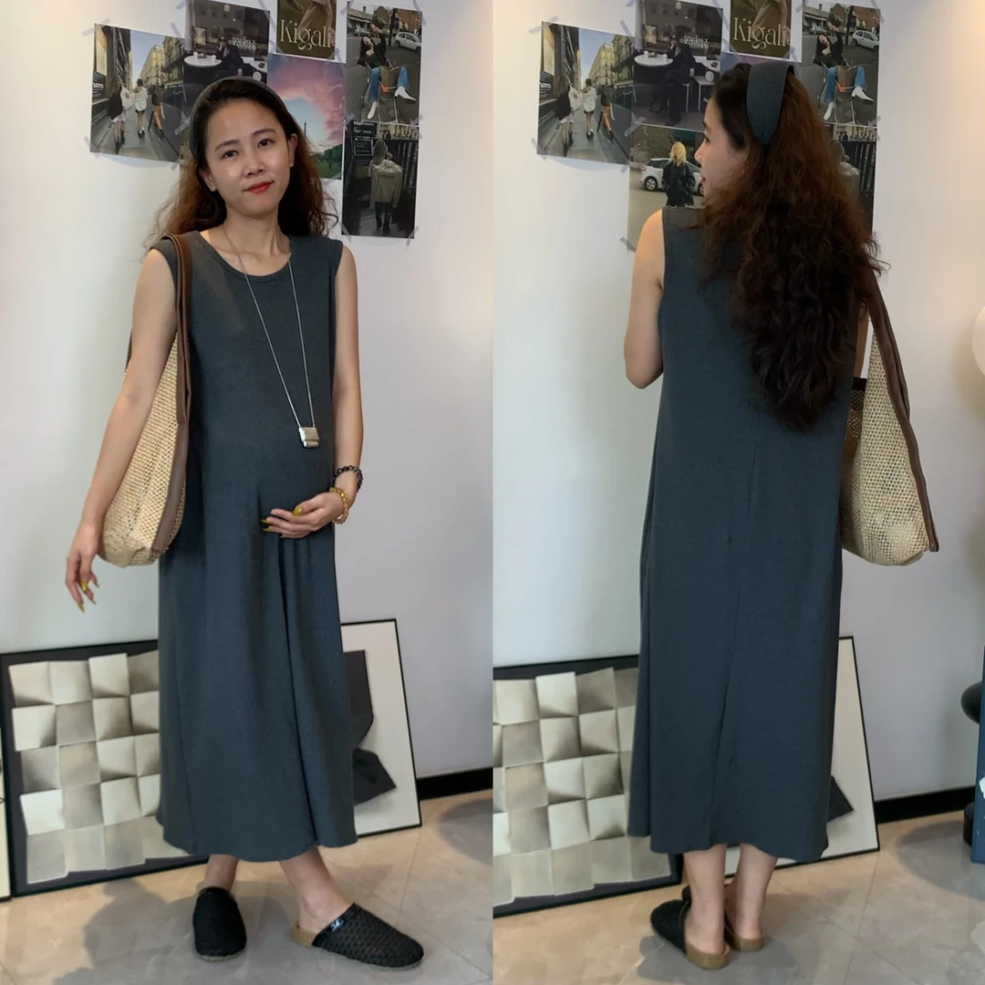 穿到200斤孕妇装春秋款韩系无袖遮副乳背心深灰色中长款连衣裙