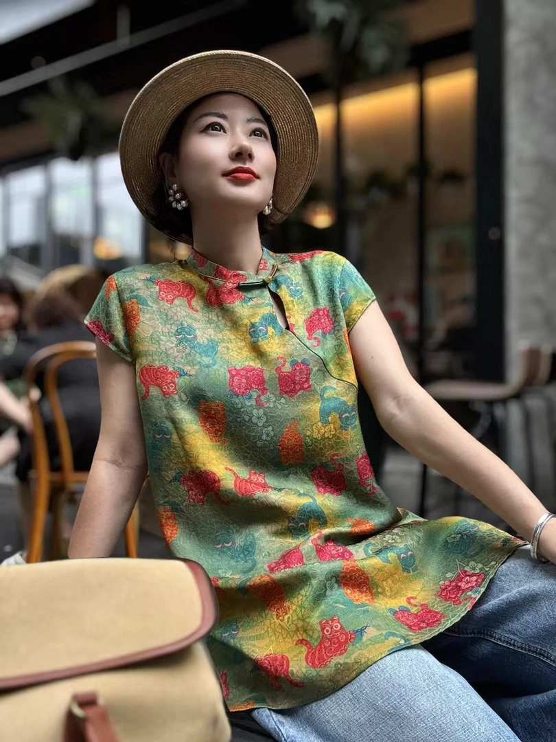 【小老虎】新中式短袖印花绞罗香云纱女士衬衫