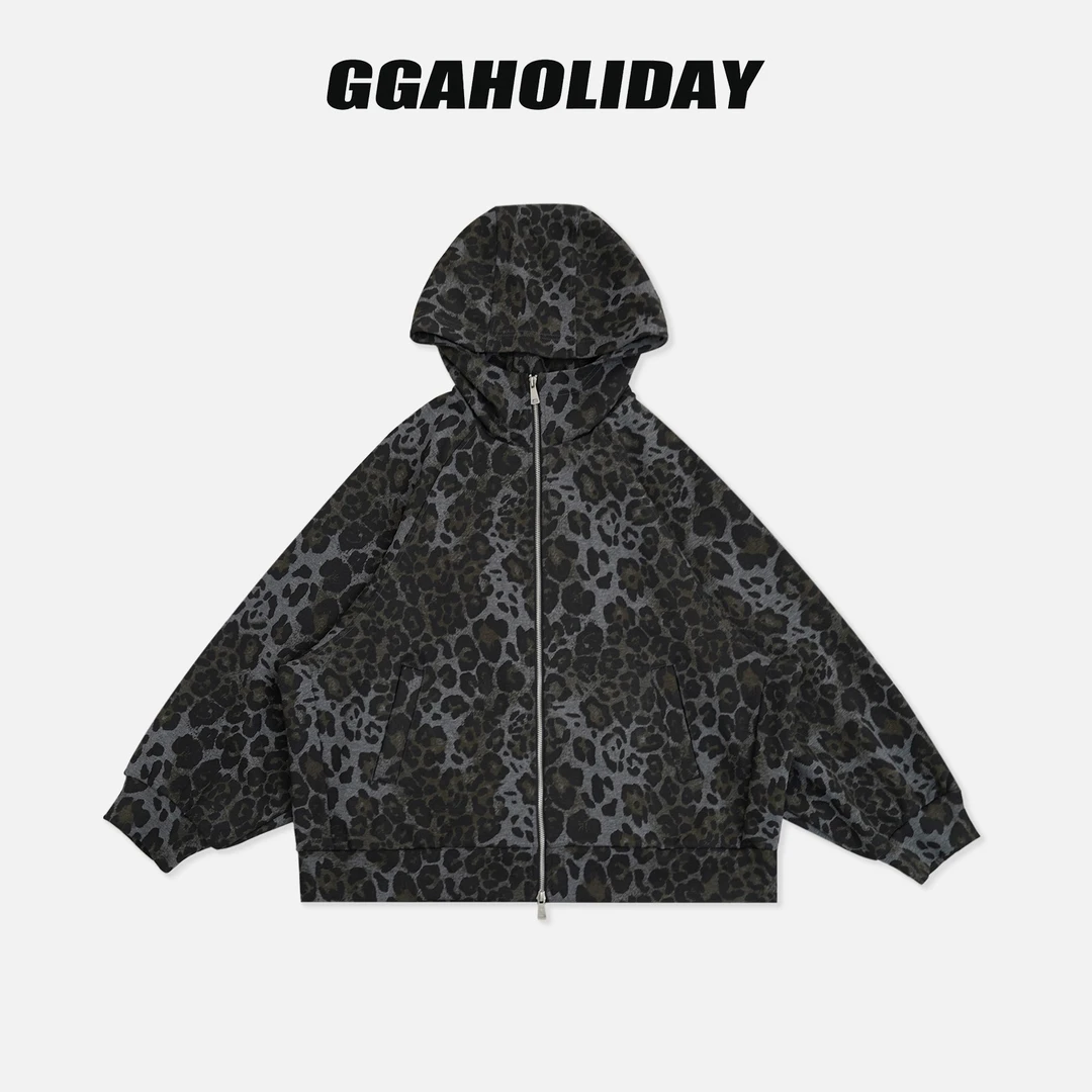 GGAHOLIDAY秋季潮流复古连帽宽松时尚休闲豹纹卫衣外套-154130
