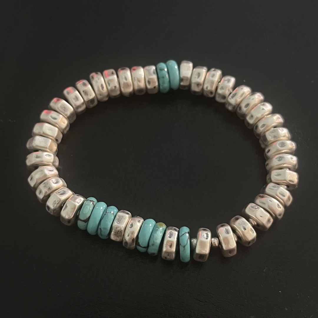 925银手链 大头姐S11185 蓝色算盘珠锤纹肌理银珠盘缠手链