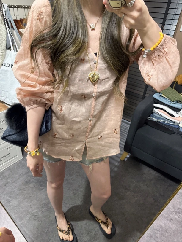 【思含】夏季薄款刺绣小众设计V领麻衬衫