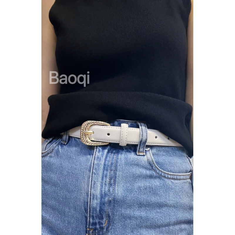 9902白色黑色带钻扣2.3宽女士时尚牛皮腰带夏