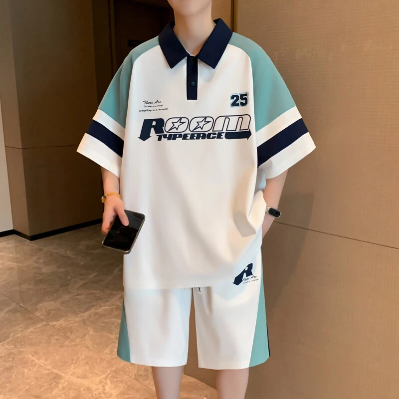 夏季青少年短袖t恤男翻领拼接宽松套装初中学生衬衫领一套衣服潮