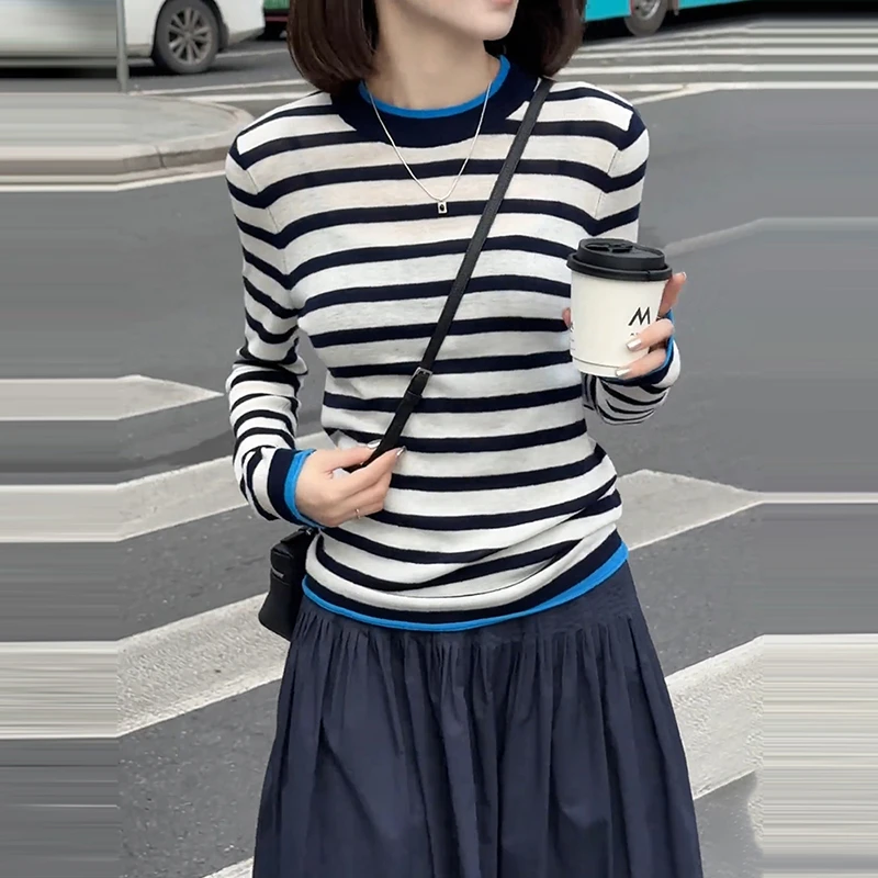 时尚拼色条纹长袖圆领针织衫女春季韩版宽松套头毛衣百搭薄款上衣