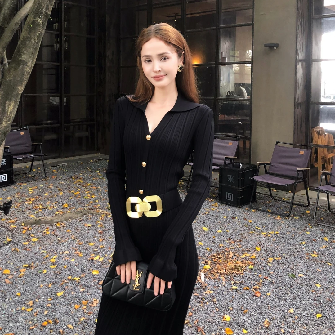 高端秋冬新款经典宝蓝色通勤修身法式长裙针织气质鱼尾连衣裙