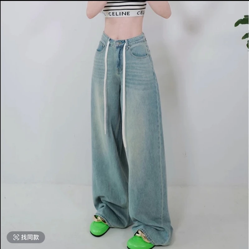 高个子175加长复古直筒窄版做旧系带遮跨阔腿牛仔女裤2025春季新