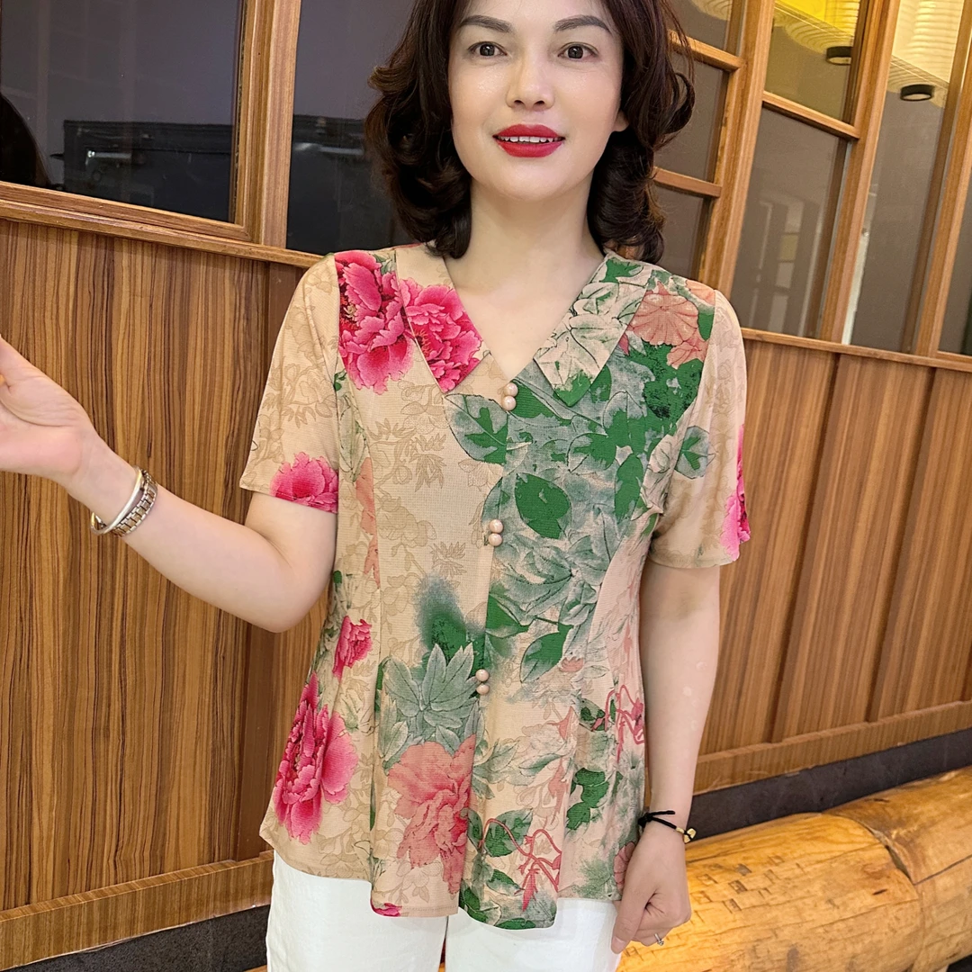夏季新款国风宽松中老年女装洋气时尚小衫气质减龄显瘦妈妈装中年
