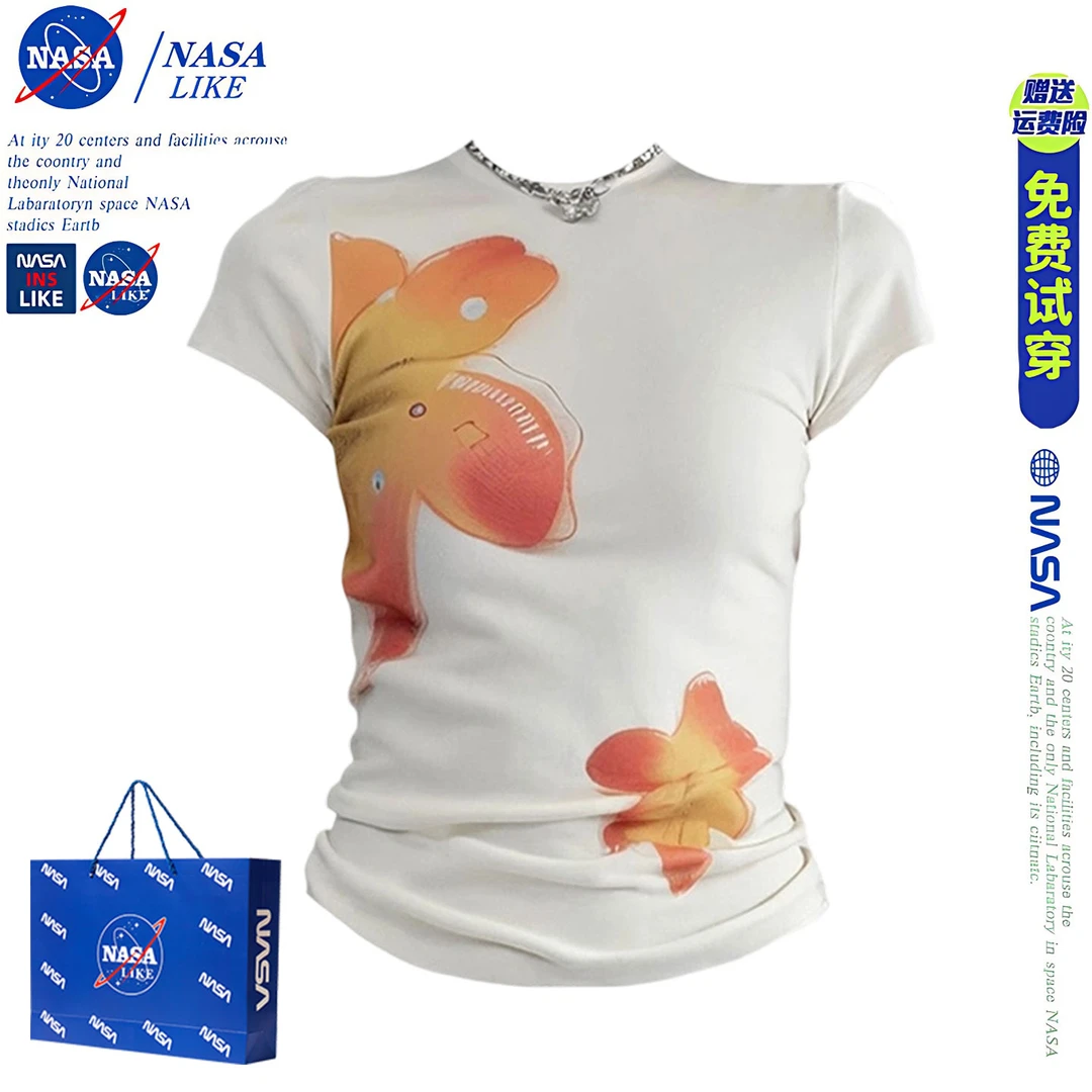 NASA美式辣妹花朵印花正肩短袖t恤女夏季修身设计感白色短款上衣