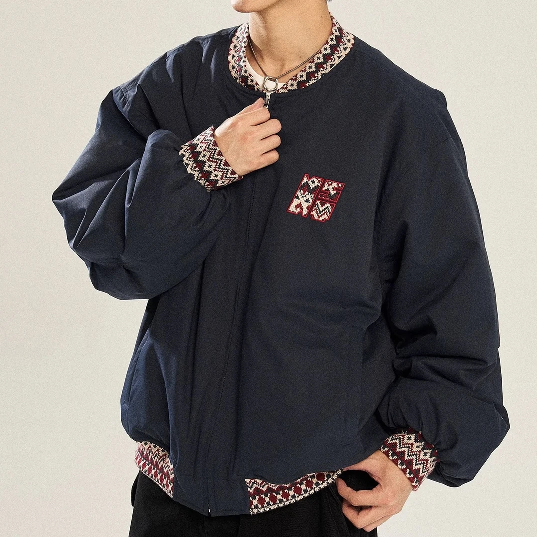 【慌慌】美式复古民族提花拼接加厚夹棉情侣棒球服夹克外套M5026