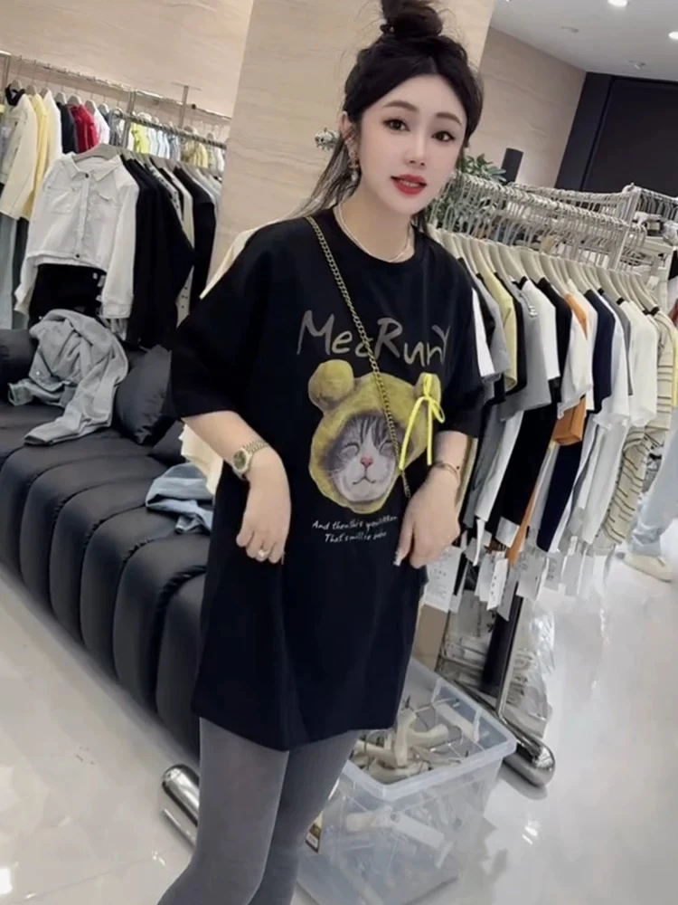 欧货卡通猫咪印花短袖T恤女205夏季新款宽松显瘦百搭休闲女装上衣