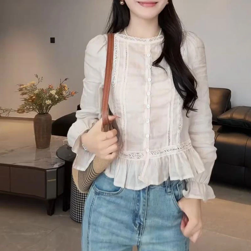 蕾丝小香风短款圆领长袖衬衫女士2025春秋新款百搭高级感法式衬衣