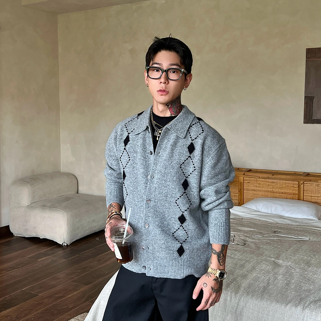 OXFREAK「方块菱格提花」老钱新贵羊毛开衫毛衣男秋冬宽松针织衫