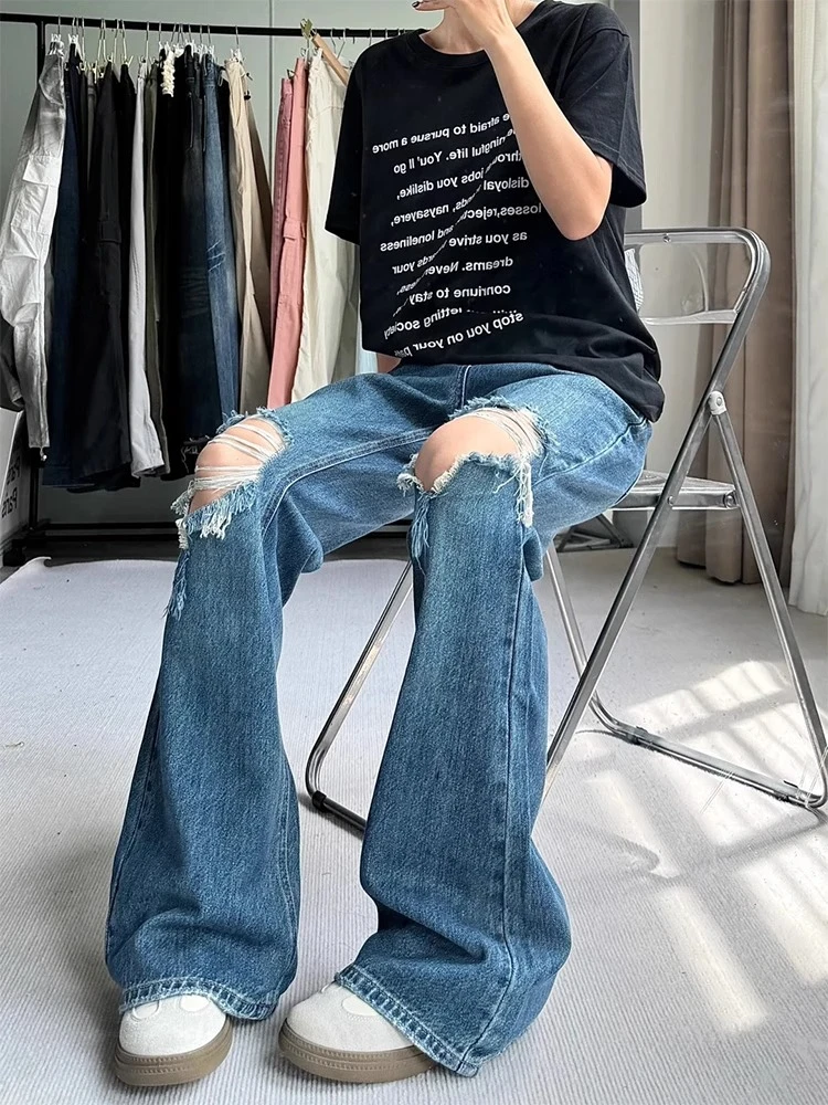 破洞牛仔裤女大码胖mm显瘦微喇裤子梨型身材垂坠感长裤高腰喇叭裤