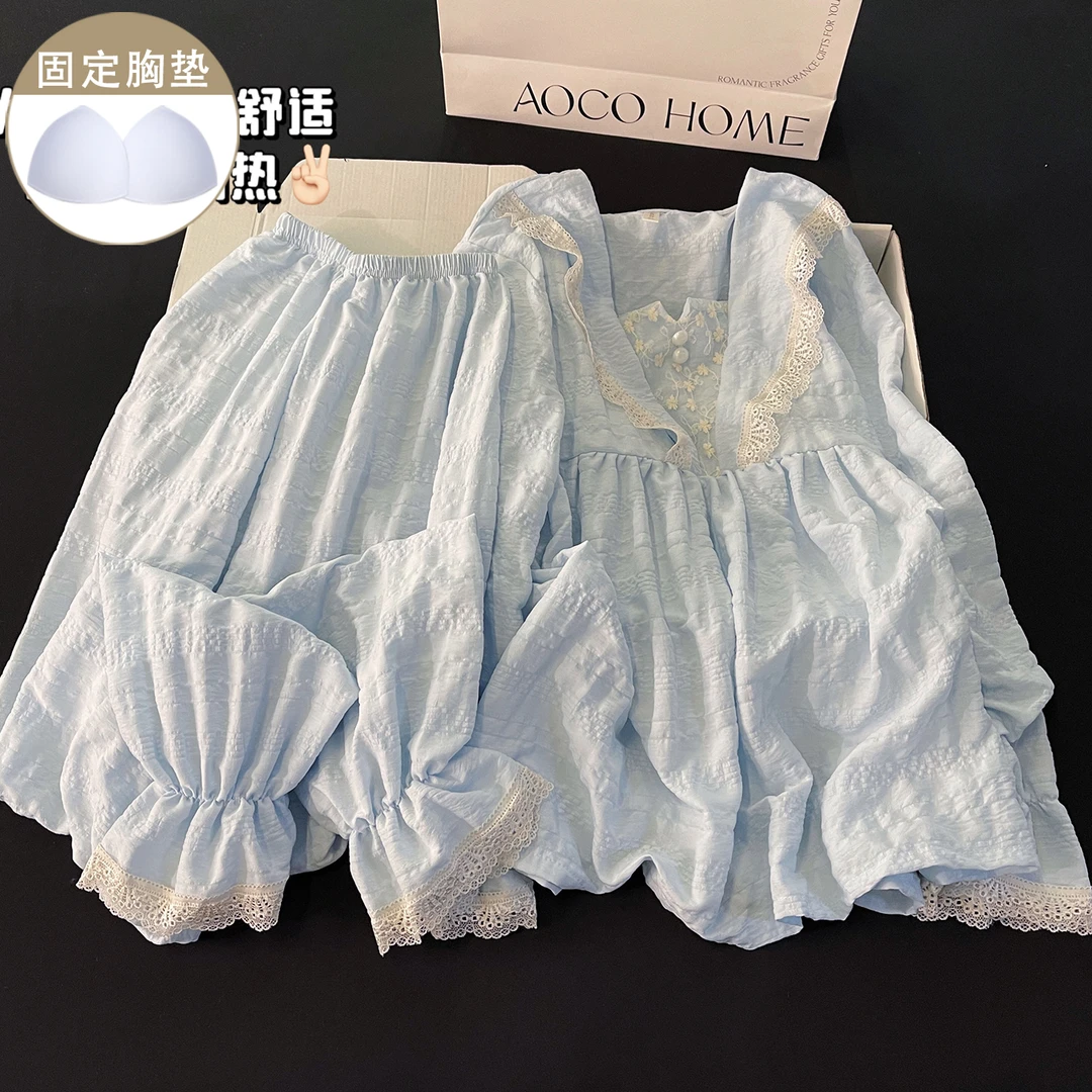 【带胸垫一体】法式公主风睡衣女款春秋季蕾丝花边长袖宽松家居服女