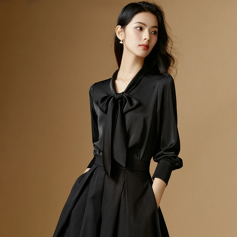晚白【新品】2025上衣蝴蝶结系带领衬衫女25070331